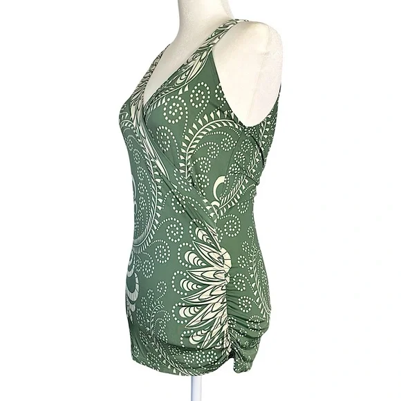 Y2K Vintage Paisley Swirl Draped Cowl Ruched Sage Green Wrap Tank Top Medium - Picture 4 of 10